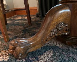 Antique Quarter Sawn Round Table with Paw and Ball Feet from Hotel in Dennison Iowa