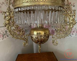 Antique Electrified Hanging Parlor Lamp with Burmese Glass Shade