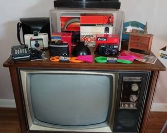 Console Television with Working Mantel Clock, Several Vintage Cameras and a Few Kids Toys!