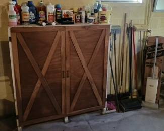 Double Door Cupboard, Cleaning Supplies, and Brooms!
