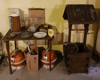 Checkout the 2 Vintage Vacuums Under the Table! Wishing Well for Outside Decoration!