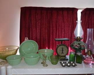 Jadeite Nesting Bowl Set, Kerosene Lamps and Antique Kitchen Scale!