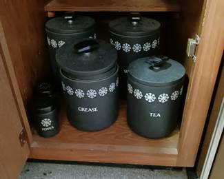 Metal Cannister Set and Matching Salt and Pepper! Also Have the Matching Coffee Percolator New in the Box!