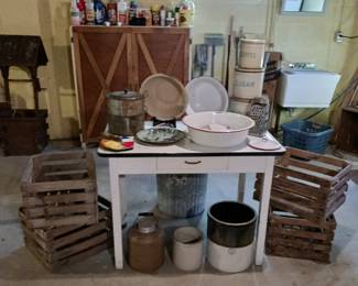 Enamel Top Table,  Variety of Graniteware and Wooden Crates!