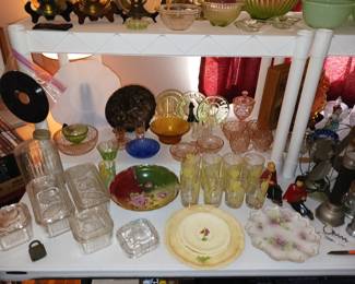 Variety of Carnival and Depression Glassware and Vintage Refrigerator Dishes and Vintage Juice Cups