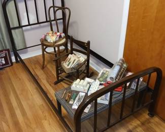 Metal Tein Size Bed, Antique Child's Rocking Chair, Bent Wood Cane Bottom Chair, and Table with Sewing Items!