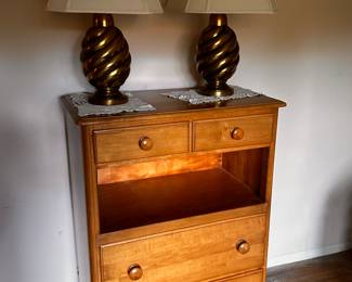 Got the keys today! Here is our initial walkthrough! An excellent MCM maple dresser with dovetail joints. Also a pair of vintage brass lamps! 