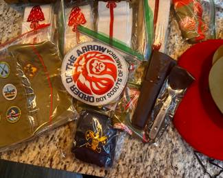 An entire collection of Vintage Boy Scouts of America Items! Hats, Sashes, Patches, Cutlery, Badges, Belt Buckles etc...