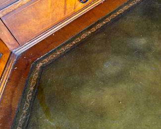 A very nice MCM Corner End Table! With Drawers and cupboards! Green Leather Top with gold trim! 