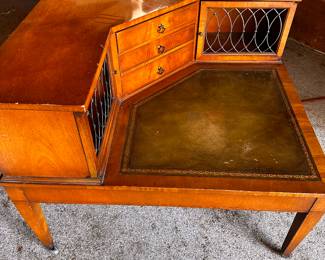 A very nice MCM Corner End Table! With Drawers and cupboards! Green Leather Top with gold trim! 