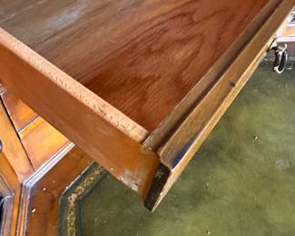 A very nice MCM Corner End Table! With Drawers and cupboards! Green Leather Top with gold trim! 