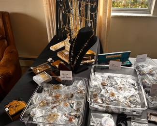 This is the FINAL Jewelry display! MANY MANY items from Earrings, Rings, Necklaces, Broaches and MORE! Masonic Temple Items Too!  