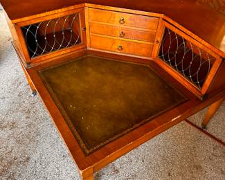 A very nice MCM Corner End Table! With Drawers and cupboards! Green Leather Top with gold trim! 