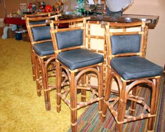 Mid Century Bamboo Tiki Bar with 5 Stools