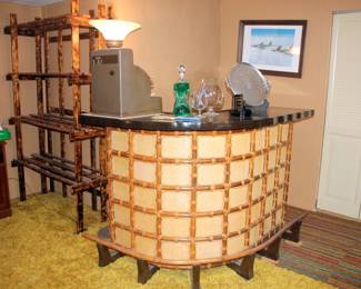 Mid Century Bamboo Tiki Bar with 5 Stools