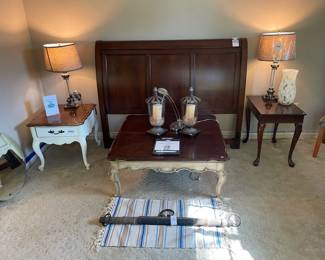 Lucite and Metal Accent Lamp, Coffee table, Aspenhome Queen bed frame set, Decorative candle urns, Wood and iron cattle harness