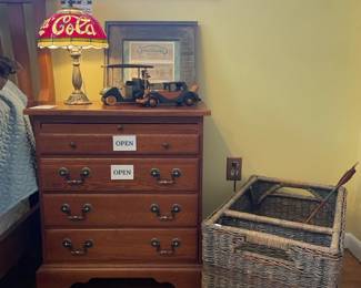 Coca Cola Table Lamp, Wooden model cars,  Basket