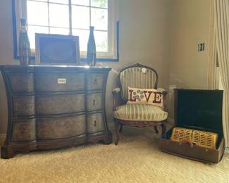 3 drawer painted dresser, Fiesta accordion, French Provincial Parlor Chair