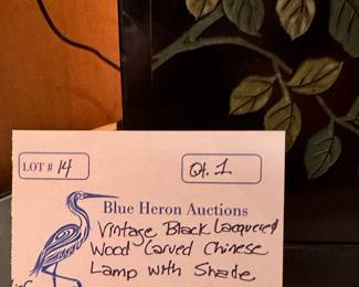 Lot #14: Vintage Black Lacquered Wood Carved Chinese Lamp w/Shade 