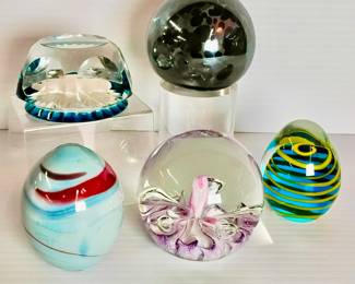 Lot #9: Collection of 5 Signed Vintage Glass Paperweights, winning bid gets all!