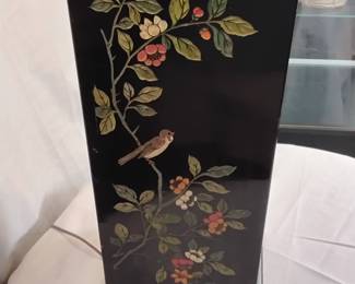 Lot #14: Vintage Black Lacquered Wood Carved Chinese Lamp w/Shade 