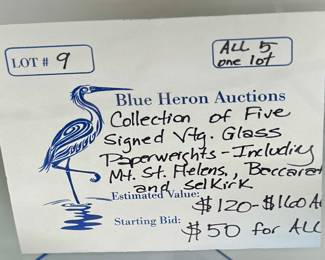 Lot #9...a collection of five vintage glass paperweighta including Mt.St. Helen's, Baccarat and Selkirk