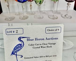 LOT #2: CHOICE OF 9 COLOR CUT TO CLEAR VINTAGE CRYSTAL WINE HOCKS