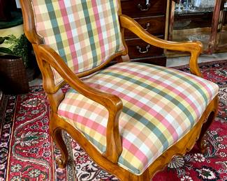 Lot # 26: Generously proportioned plaid silk upholstered Chippendale style arm chair