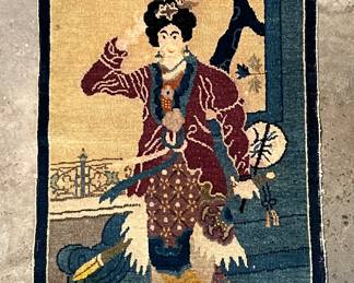 Lot #29: RARE! Art Deco Period (circa 1920) hand knotted Oriental Tapestry/Rug depicting female sword fighter Yu Nue (25"x52")
