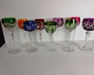 LOT #2: CHOICE OF 9 COLOR CUT TO CLEAR VINTAGE CRYSTAL WINE HOCKS