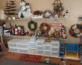 Annalee Santa/ Mrs. Claus/ Angel, Santa collection, Snowman collection, Christmas Trees, wooden Pumpkins, metal snow men, plastic storage