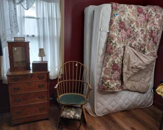 chest of drawers, full size bed, side chair, jewelry cabinet