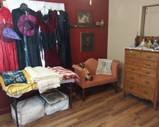 Halloween costumes, chest of drawers, black americana, settee, vintage dolls