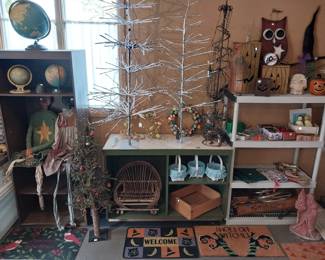 Christmas Trees, wooden Pumpkins, metal snow men, globes, door mats