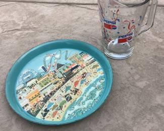 Set of Vintage Pepsi Glass Pitcher + Pepsi Metal Coney Island Serving Tray