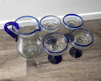 Hand Blown Mexican Glass Pitcher & 4 Margarita Glasses Blue