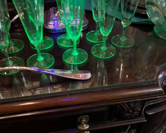 Uranium glass champagne glasses