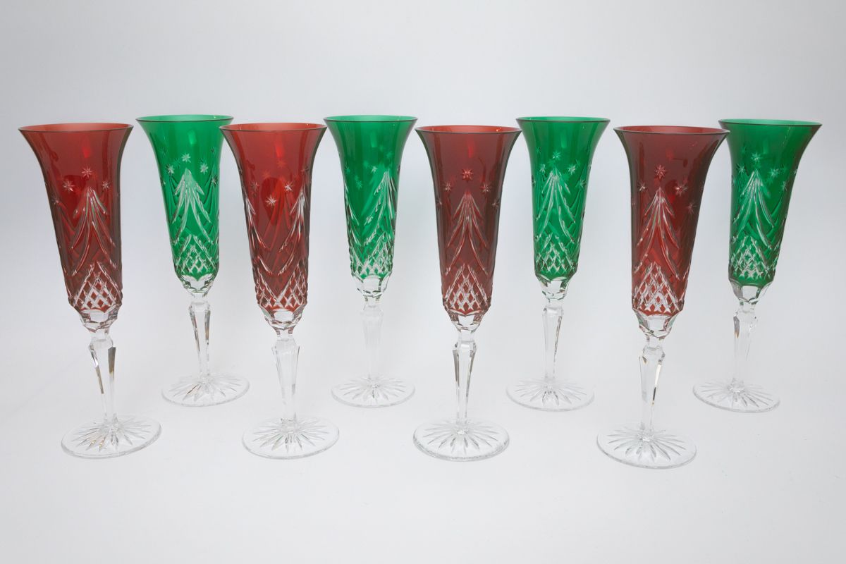 Set of 8 Waterford Christmas Tree Fluted Champagne Glasses — Amazing Huge Brentwood Estate Sale located in a 5,000+ sqft home located off Granny White Pike Road near Murray Lane — Brentwood, TN — Vintage Jewelry, Clothing, Purses, Collectibles —Only minutes from Nashville Tennessee, Franklin, Cools Springs, Belle Meade, Green Hills, Governors Club, Nolensville, Spring Hill, Columbia, Murfreesboro, Smyrna, Berry Hill.