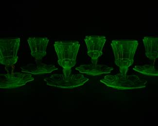 Set of 6 Green Uranium Russian Vaseline Flint Glass Dessert Coupe Goblet Fedorovsk Bros Glows (Believed to be Circa 1850)