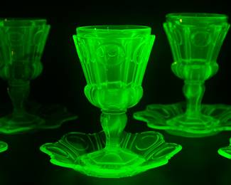 Set of 6 Green Uranium Russian Vaseline Flint Glass Dessert Coupe Goblet Fedorovsk Bros Glows (Believed to be Circa 1850) — Amazing Huge Brentwood Estate Sale located in a 5,000+ sqft home located off Granny White Pike Road near Murray Lane — Brentwood, TN — Vintage Jewelry, Clothing, Purses, Collectibles —Only minutes from Nashville Tennessee, Franklin, Cools Springs, Belle Meade, Green Hills, Governors Club, Nolensville, Spring Hill, Columbia, Murfreesboro, Smyrna, Berry Hill.
