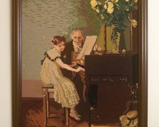 Framed Vintage Needlepoint Girl with Piano