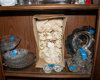 Glassware, vintage wedding cake topper.