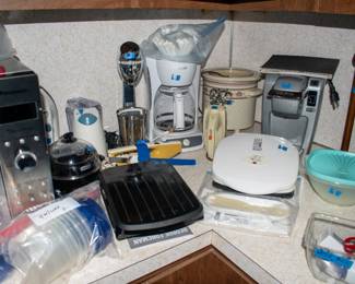 Mr. coffee coffee pot, george foreman, keurig, crock pot, hand mixer, hamilton beach mixer, small steamer, electric knife.