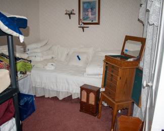Day bed, various bedding, small wall shelves, very nice standing jewelry box, tabletop jewelry box.