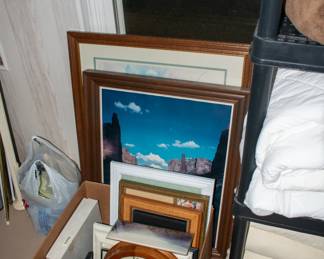 Clock, picture frames.