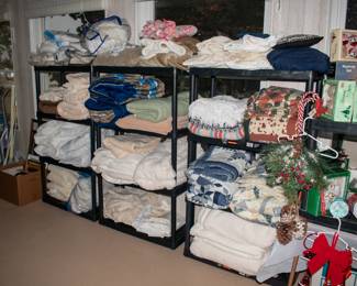 Lots of blankets, sheets, throws, few curtains.