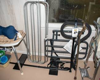 Shower seat, bed rails, walking canes.