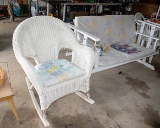 Wicker chair, rocking bench seat.