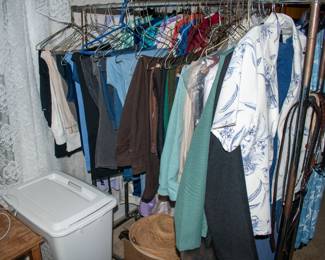 Women's clothes, hats, belts, clothes hamper.