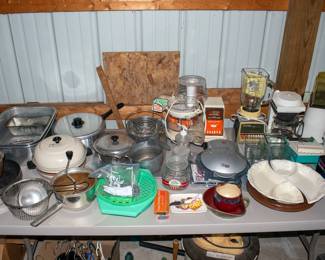 Pans, blenders, coffee pot, serving dishes and more.